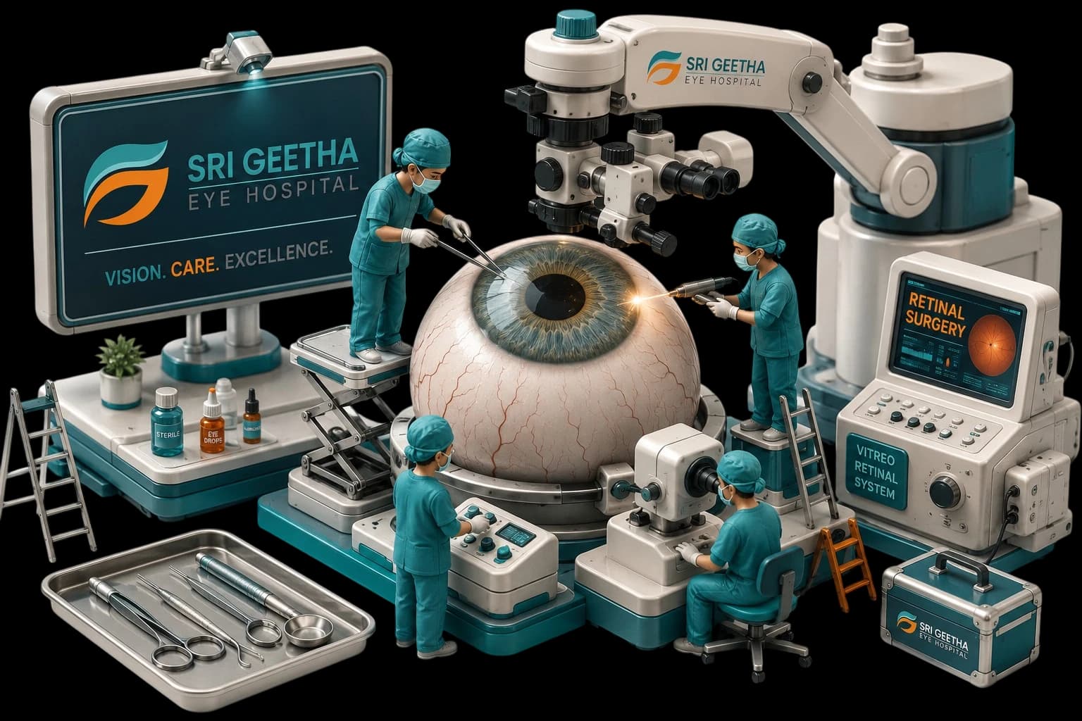 Stylized illustration of a Sri Geetha Eye Hospital surgical team performing advanced vitreo-retinal eye surgery with precision instruments